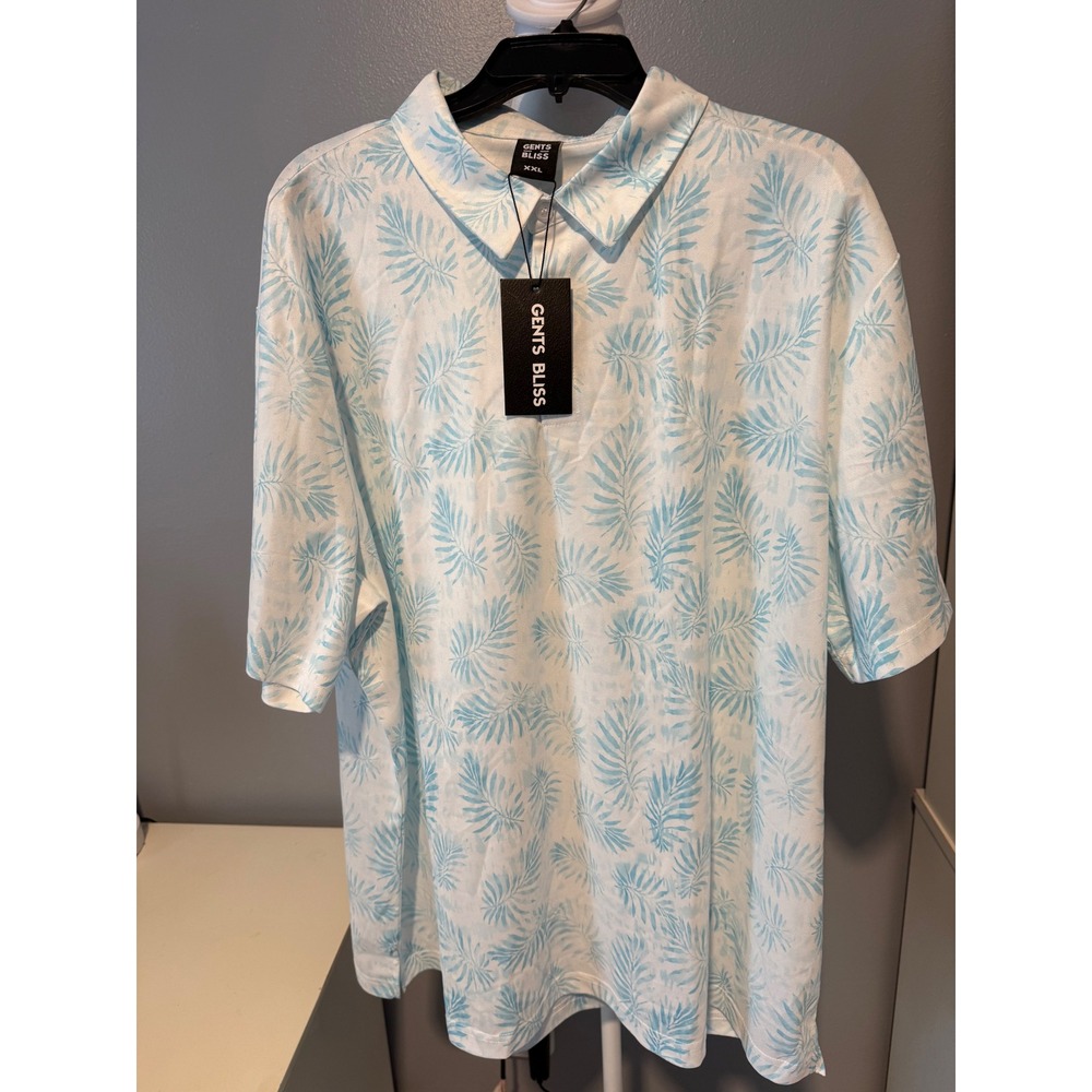 Gents Bliss Mens XXL Tropical Palm Leaf Polo Shirt White Blue Short Sleeve NWT